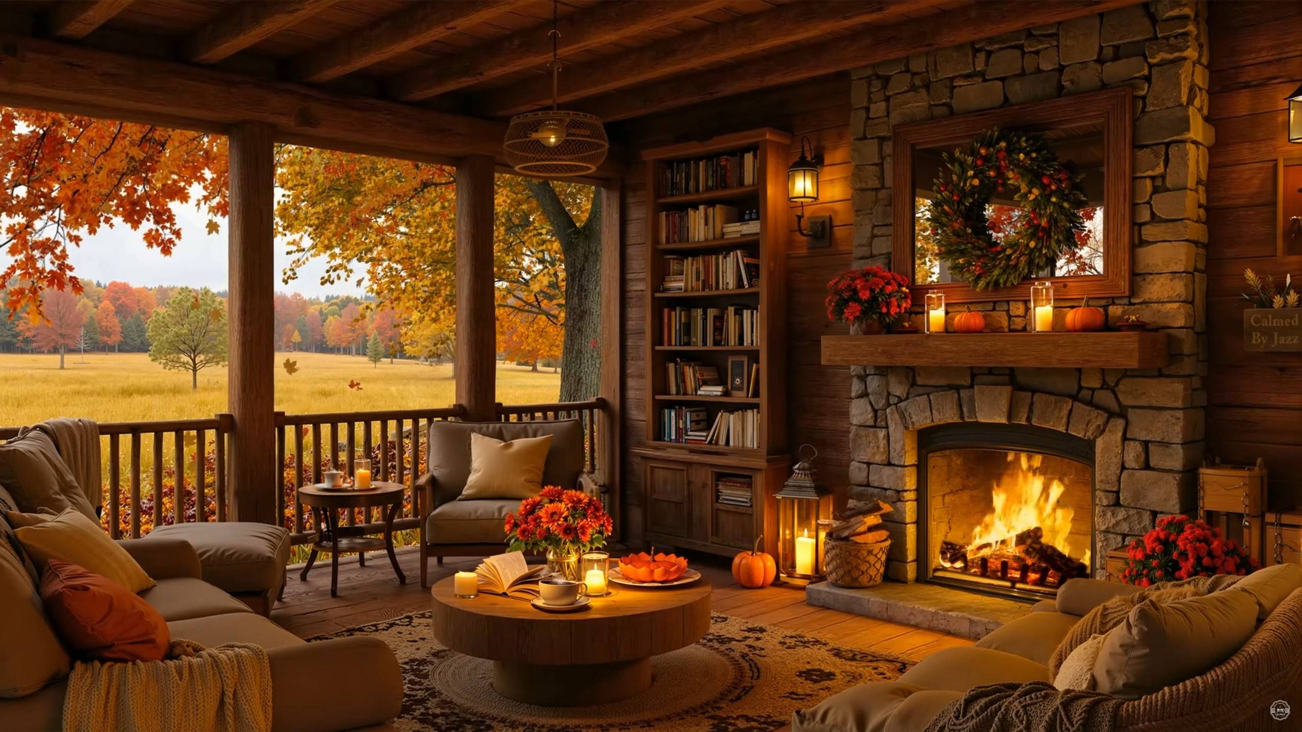 Осенний вечер у камина 🍁 Уютная атмосфера в доме с джазом и свечами 🎷🔥 смотреть онлайн