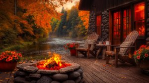 🍁 Успокаивающая Атмосфера Осеннего Домика у Реки! Уютный Костер и Расслабляющие Звуки Природы