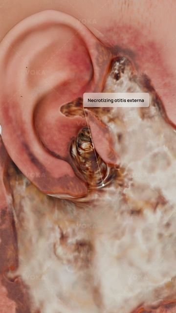 Что такое злокачественный наружный отит и как он поражает ухо и окружающие ткани? В 3D