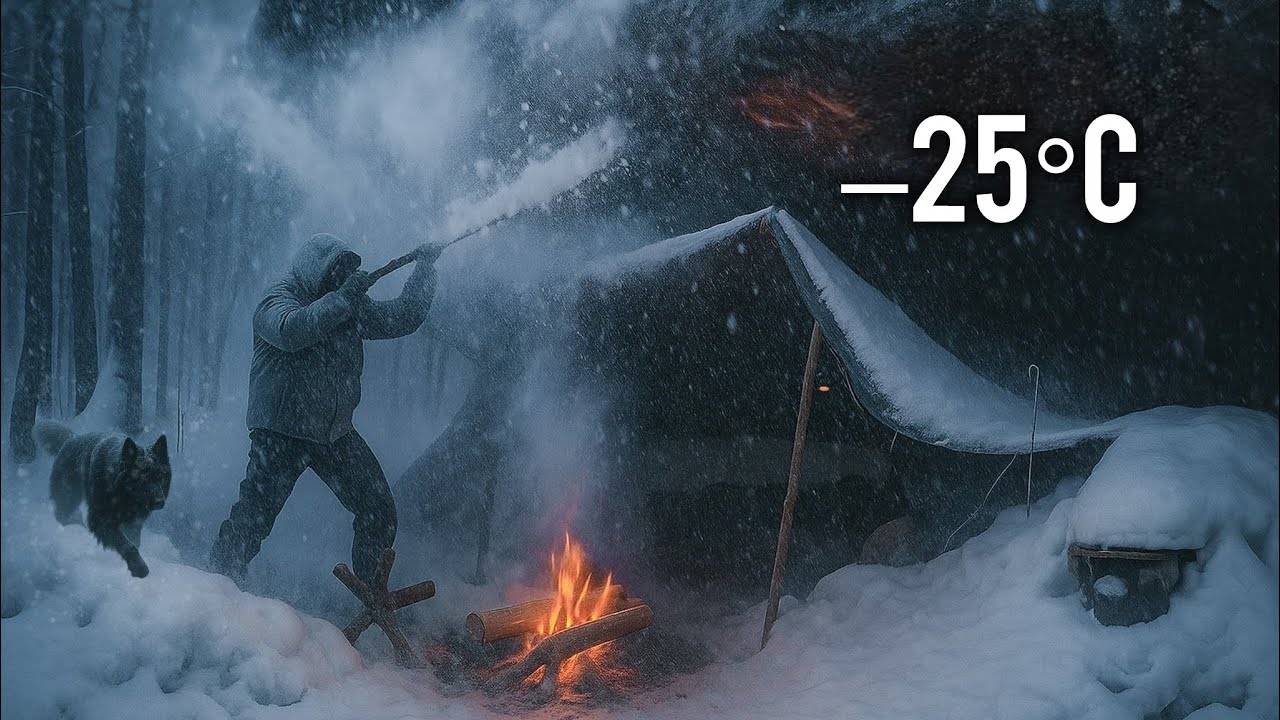 Попавший в снежную бурю при температуре -25°C | Экстремальное зимнее выживание под скалами, использу смотреть онлайн