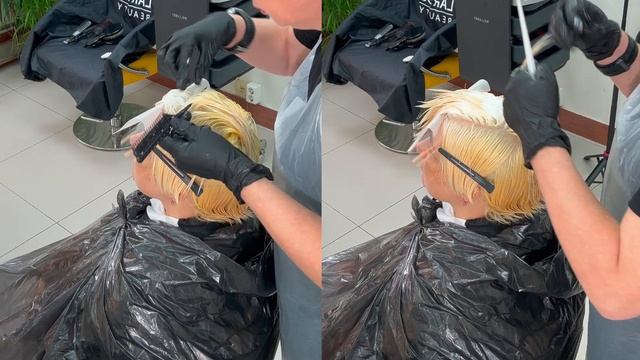 Обесцвечивание седых и сильно отросших волос в блондин без желтизны и рыжины.