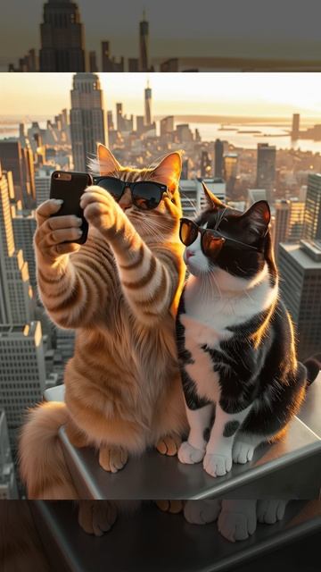 Два котика делают селфи на фоне городского пейзажа. Футаж. Footage #футажи #футажидлямонтажа #видео