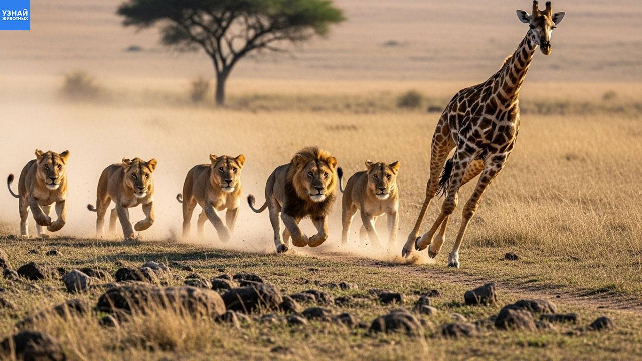 Прайд львов рискнул напасть на жирафа смотреть онлайн