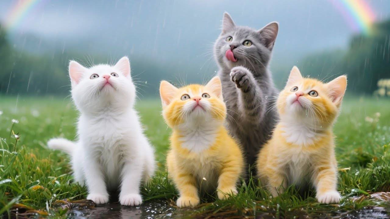 😹Красивые Котята мило мяукают в дождливой траве🔥 смотреть онлайн