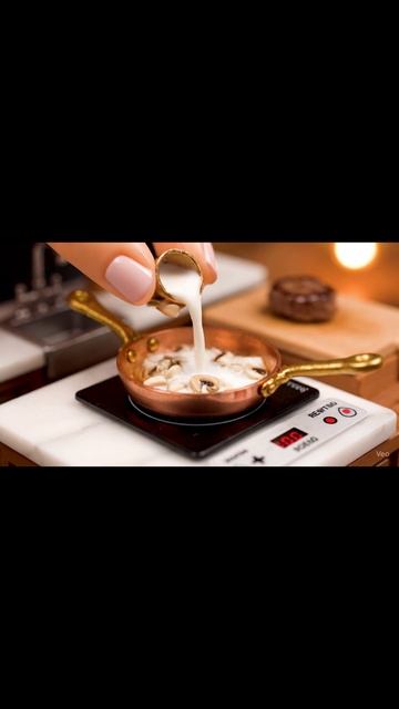Мини-Стейк с грибным соусом от кота-шефа 셰🍳 | Tiny Steak Diane #shorts #tinykitchen #asmr