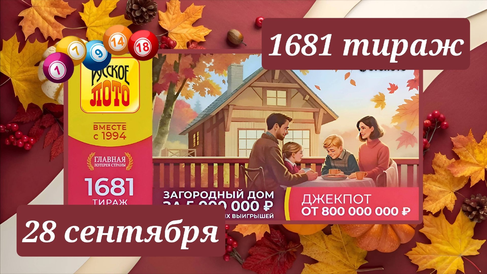 РУССКОЕ ЛОТО 1681 ТИРАЖ от 28 сентября 2025 года. Проверить тиражный билет СТОЛОТО. смотреть онлайн