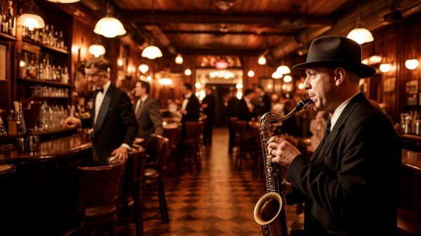 Классическая атмосфера джаз-бара в стиле свинг-джаз 1930-х годов с неподвластными времени джазовыми