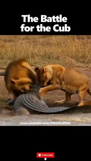 Львы защитили своего львенка от крокодила.