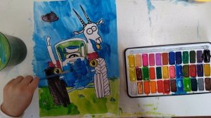 Серёжа раскрашивает синий трактор. Рисуем вместе