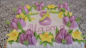 Торт с цветами из крема Украшение торта ТЮЛЬПАНАМИ НАРЦИССАМИ и МИМОЗОЙ. Белково заварной крем