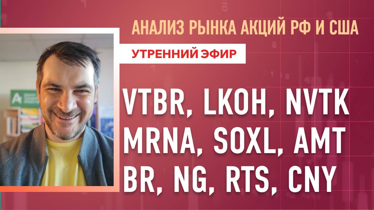 Анализ рынка акций РФ и США/ VTBR, LKOH, NVTK, MRNA, SOXL, AMT/ BR, NG, RTS, CNY