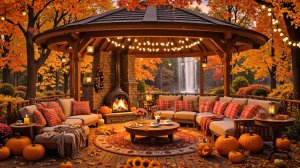 Осенний Джаз 🍂 Уютный Вечер у Камина в Беседке с Видом на Водопад