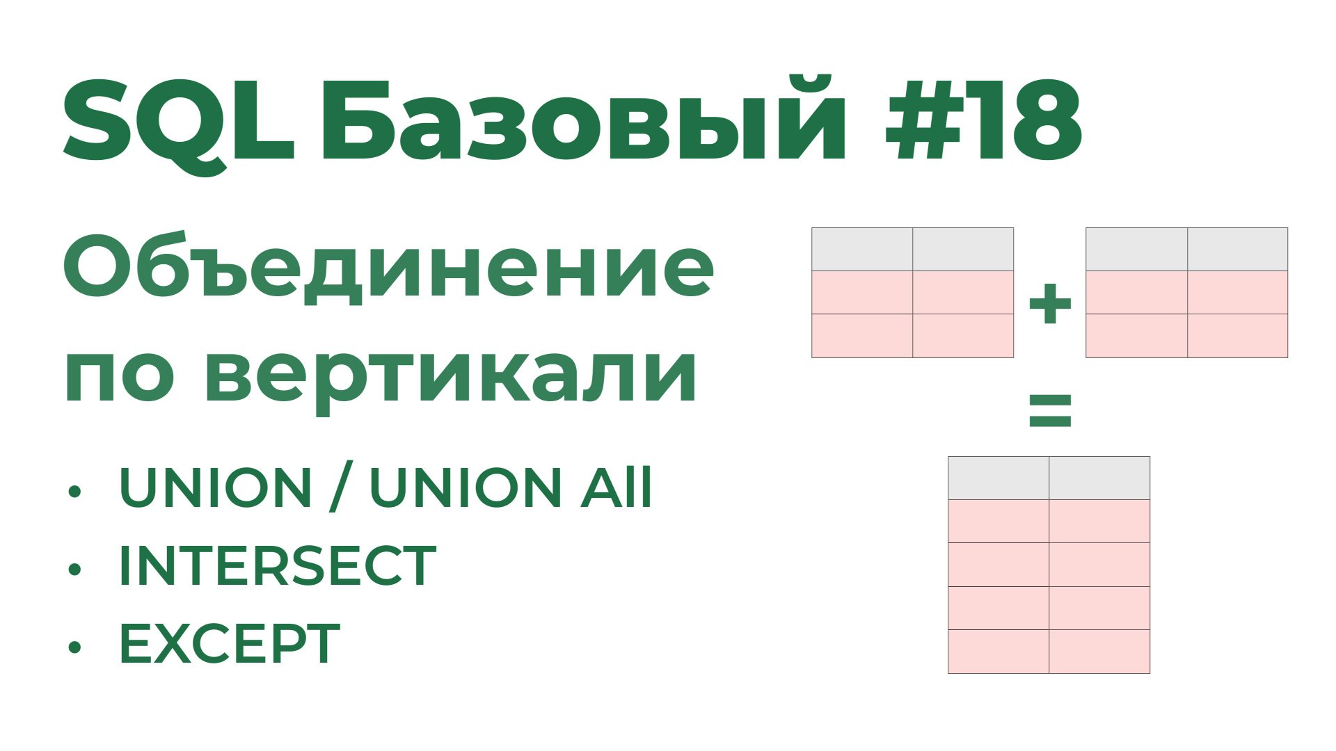 SQL Базовый №18. Объединение по вертикали (UNION, UNION ALL, INTERSECT, EXCEPT) смотреть онлайн
