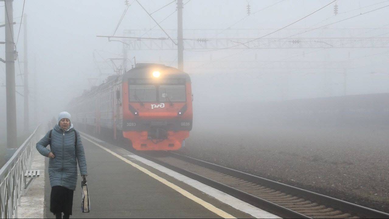 Электропоезд ЭД9Э-0036 в тумане. смотреть онлайн