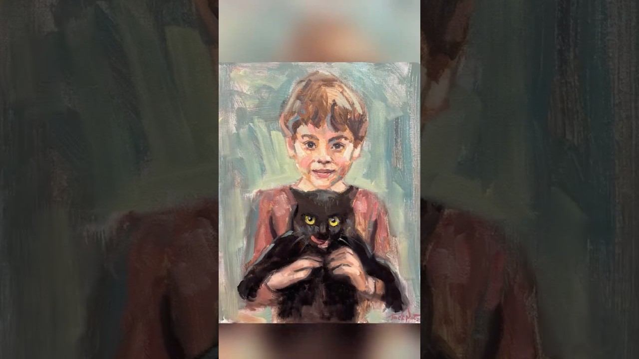 Пишу портрет ребёнка с котом маслом за 30 минут, полная версия на канале! #Живопись #портретмаслом