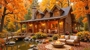 Осенняя хижина у пруда 🍂 Уютный вечер у костра под звуки джаза