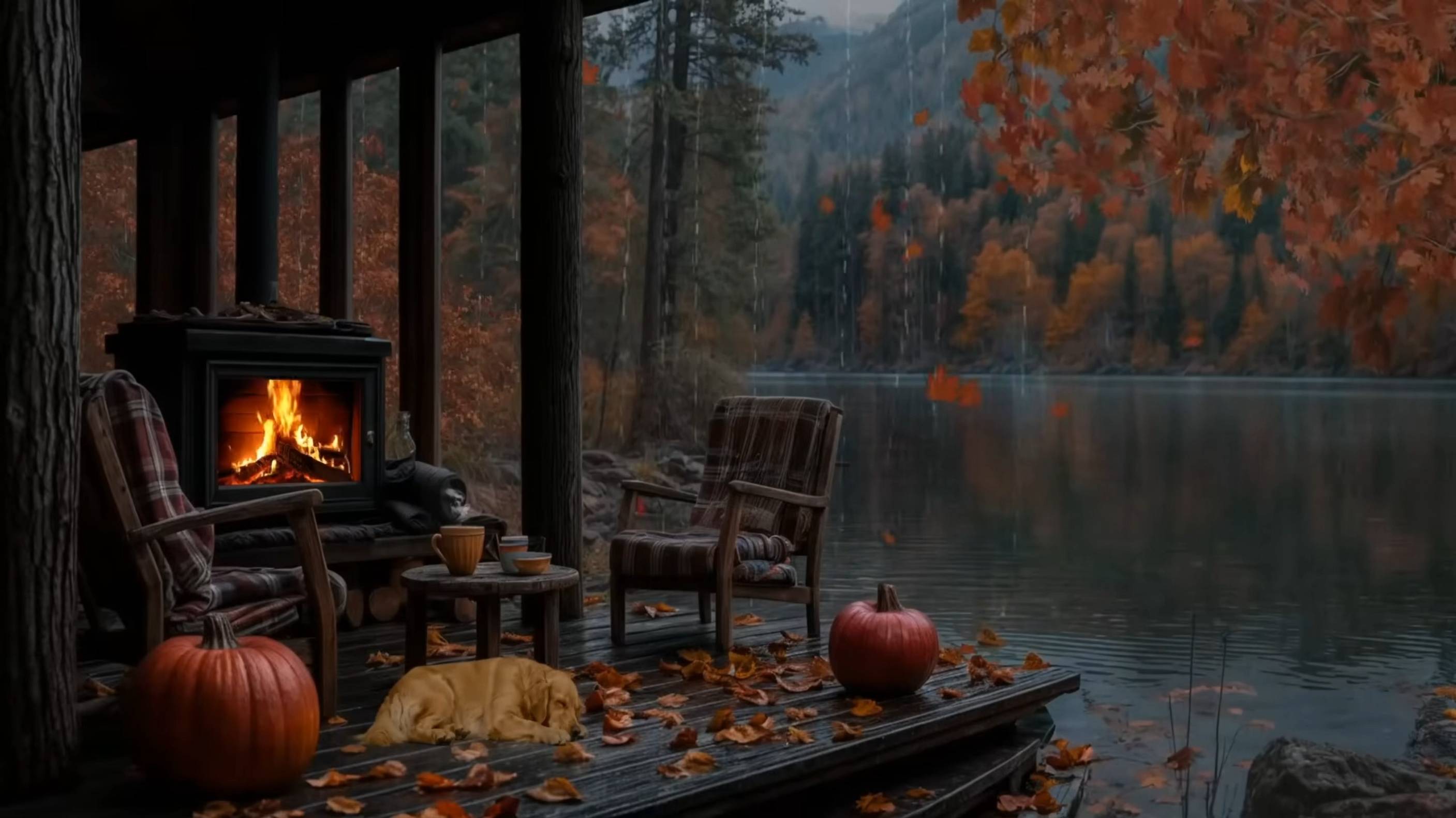 Осенний вечер у озера 🍂 Трещит камин и падают листья – уютная атмосфера отдыха смотреть онлайн