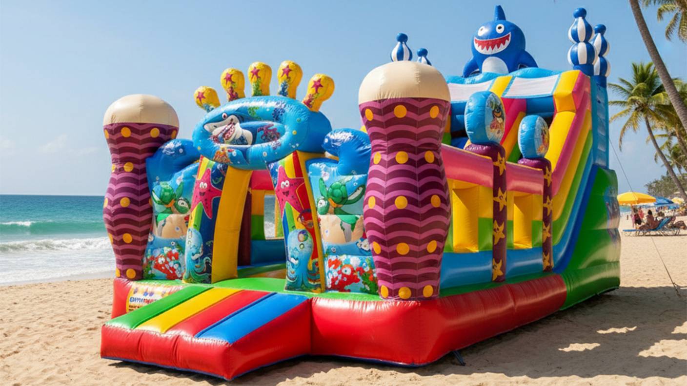 Коммерческий надувной батут с горкой «В гостях у моря 2», 8*4*5 м смотреть онлайн