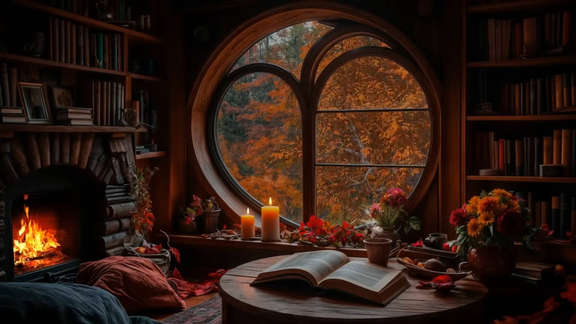 Уютный осенний вечер у камина 🍁 Тёплая атмосфера, свечи и потрескивающий огонь смотреть онлайн