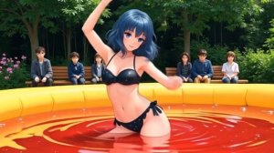 Красавица-купальщица перед успешными геймерами