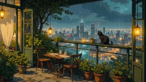 Rainy Night in Japan 🌙 Peaceful Balcony View & City Lights Smooth Jazz Ambience for Work & Rest
