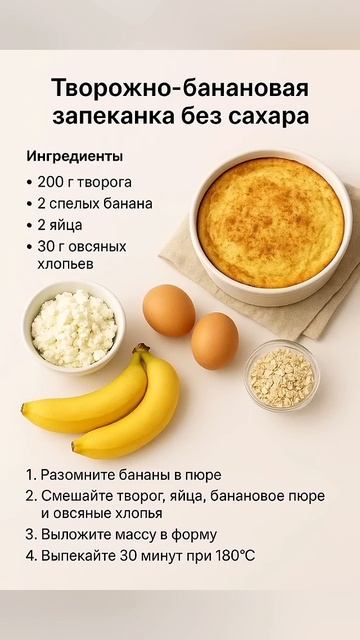 Творожно-банановая запеканка без сахара