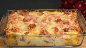 Картошка с колбасками | Колбаски с сыром | Картошка в яично-сметанной заливке в духовке