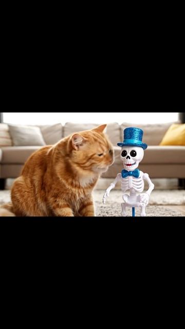Реакция моего кота на поющего скелета 💀 (он в шоке) | Cat vs. Halloween Decoration #shorts