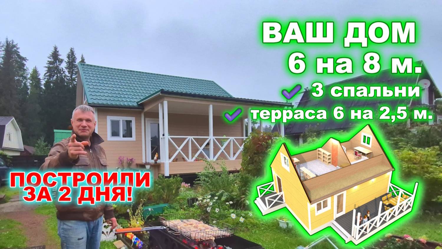 Видеообзор каркасного дома 6 на 8 метров с 3 спальням, кухней-гостинной и террасой. смотреть онлайн