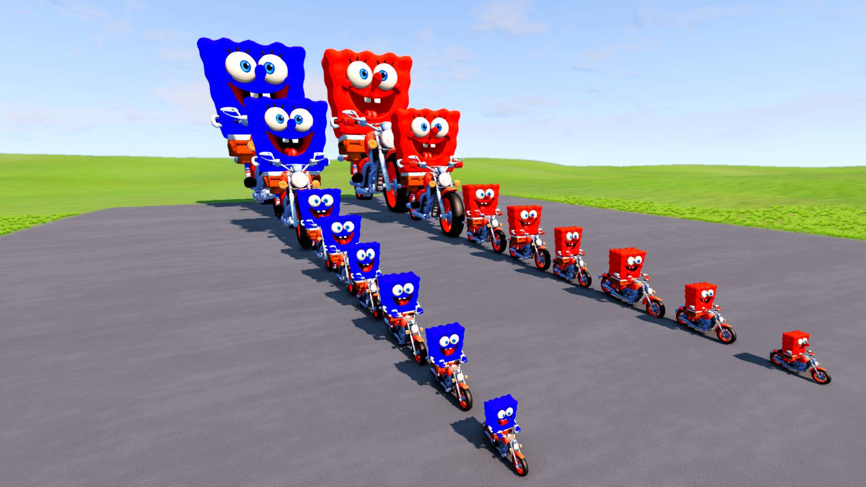 Большой и маленький Губка Боб на мотоцикле против поездов | BeamNG.drive смотреть онлайн