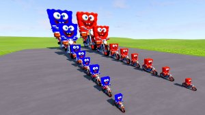 Большой и маленький Губка Боб на мотоцикле против поездов | BeamNG.drive