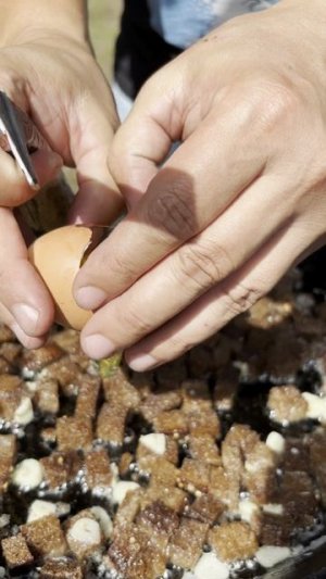 Яйца с чесночными гренками на огне