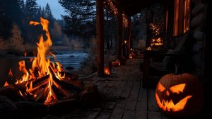 Ночь Хэллоуина в лесной хижине 🎃 | Расслабляющий звук костра и реки для сна