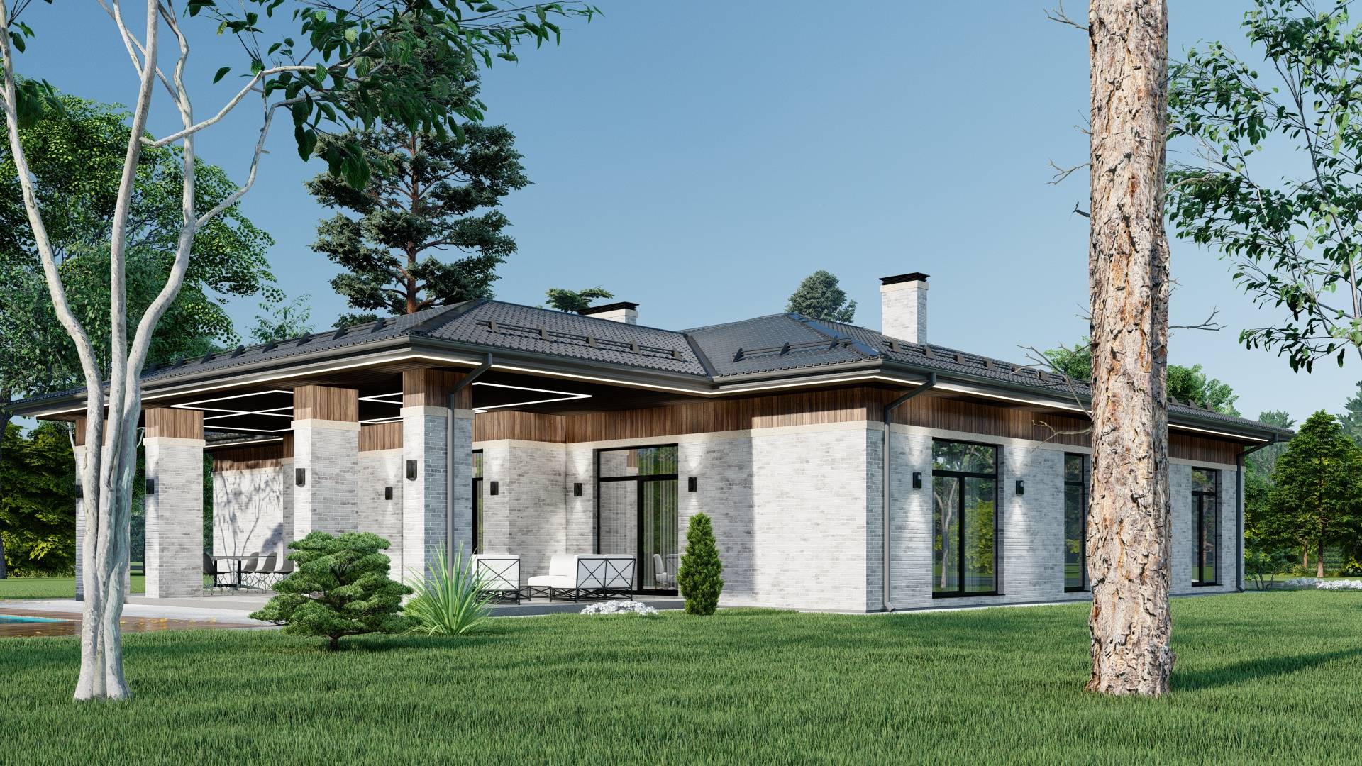 Одноэтажный дом с большой террасой смотреть онлайн