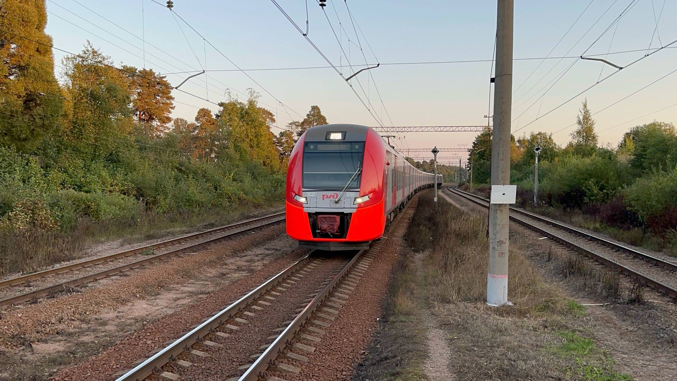 «Приветливая!» Электропоезд «Ласточка» ЭС2Г-099 на ст.Отрадное, сентябрь 2025 года смотреть онлайн