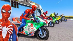 СУПЕР ГОНКИ НА МОТОЦИКЛАХ ЧЕЛОВЕК-ПАУК и Супергерои Вызов на трамплинах Гонки на мотоциклах