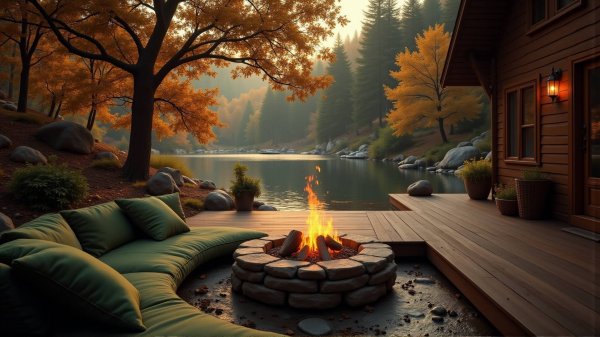 Расслабляющий легкий Джаз (🎷Jazz) у озера. Уютная осенняя Кофейня на открытом воздухе с камином ☕