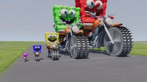 Губка на мотоцикле с колесами из пил против поездов  BeamNG.Drive