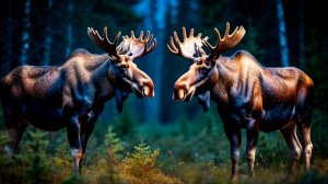 Два диких лося и лосиха на солонце