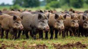 Как дикие кабаны охраняют стадо во время еды