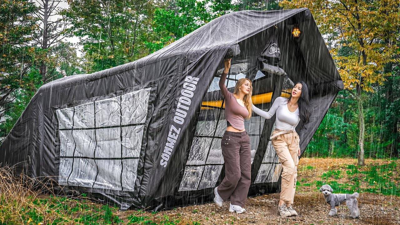 NEW LUXURY AIR TENT CAMPING IN THE RAIN🌧️