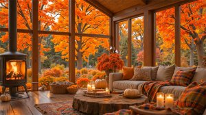 Осень у панорамных окон 🍁 Уютный камин и Джаз на фоне 🔥🌿