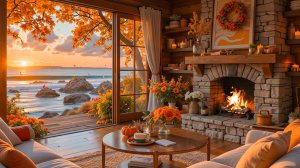 Осенний закат у моря 🌅 Теплый камин, шум волн и лёгкий джаз 🍁🎷