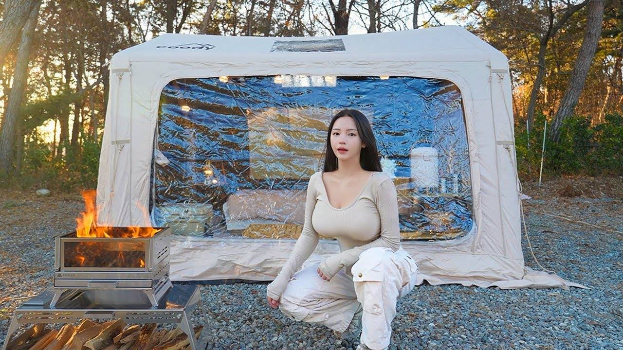 -10℃ ЖАРКО НАДУВНАЯ ПАЛАТКА КЕМПИНГ В ЛЕСУㅣПОЖАРНЫЙ ЛАГЕРЬ ASMR