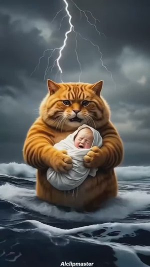 Героическая кошка спасает малыша, плывущего по морю