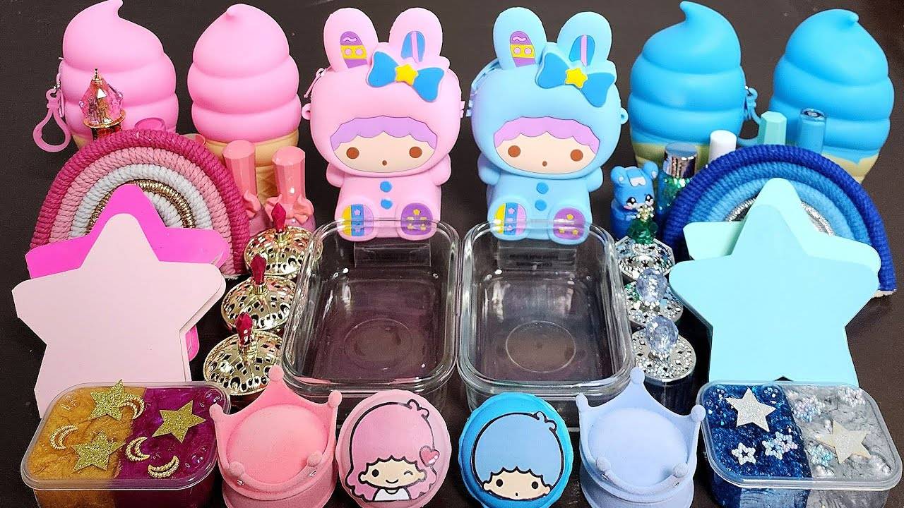 ASMR Маленькая звезда-близнец, розовая и голубая, смешивает глиттер для макияжа в Slime ASMR смотреть онлайн