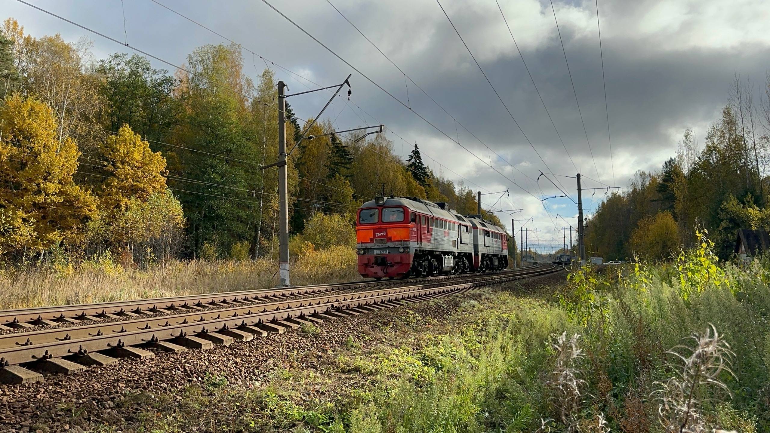 «Встреча!» Тепловоз 2М62-0473 резервом и электропоезд «Ласточка» ЭС2Г-239 на перегоне, октябрь 2025 смотреть онлайн