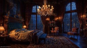 🌩 Звук дождя и камина! Гроза с молниями, дождь, камин в спальне замка для сна