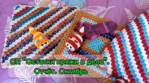 СП «Остатки пряжи в дело». Отчёт. Октябрь. Связала ковёр, 2 сидушки, 2 игрушки и носки.
