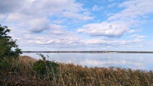 Береговая линия с деревьями . Водоём — голубое небо с облаками.